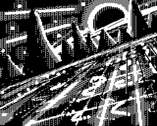 A harsh black and white dithered cityscape of repeated geometry