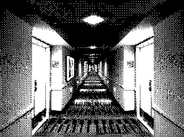 An endless dithered corridor of open doors receding to a vanishing point