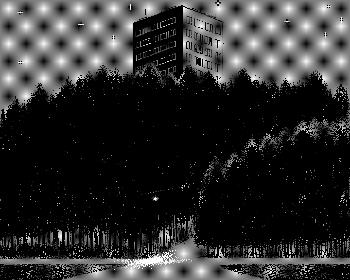 A near-black dithered night scene with a single point of light