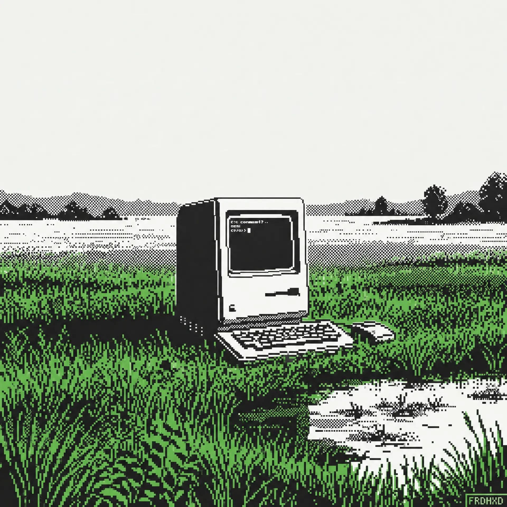 A dithered vintage computer sitting in a field of bright green pixel grass