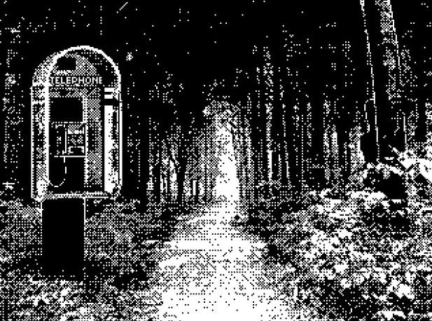 A dithered telephone box at the edge of a black forest path