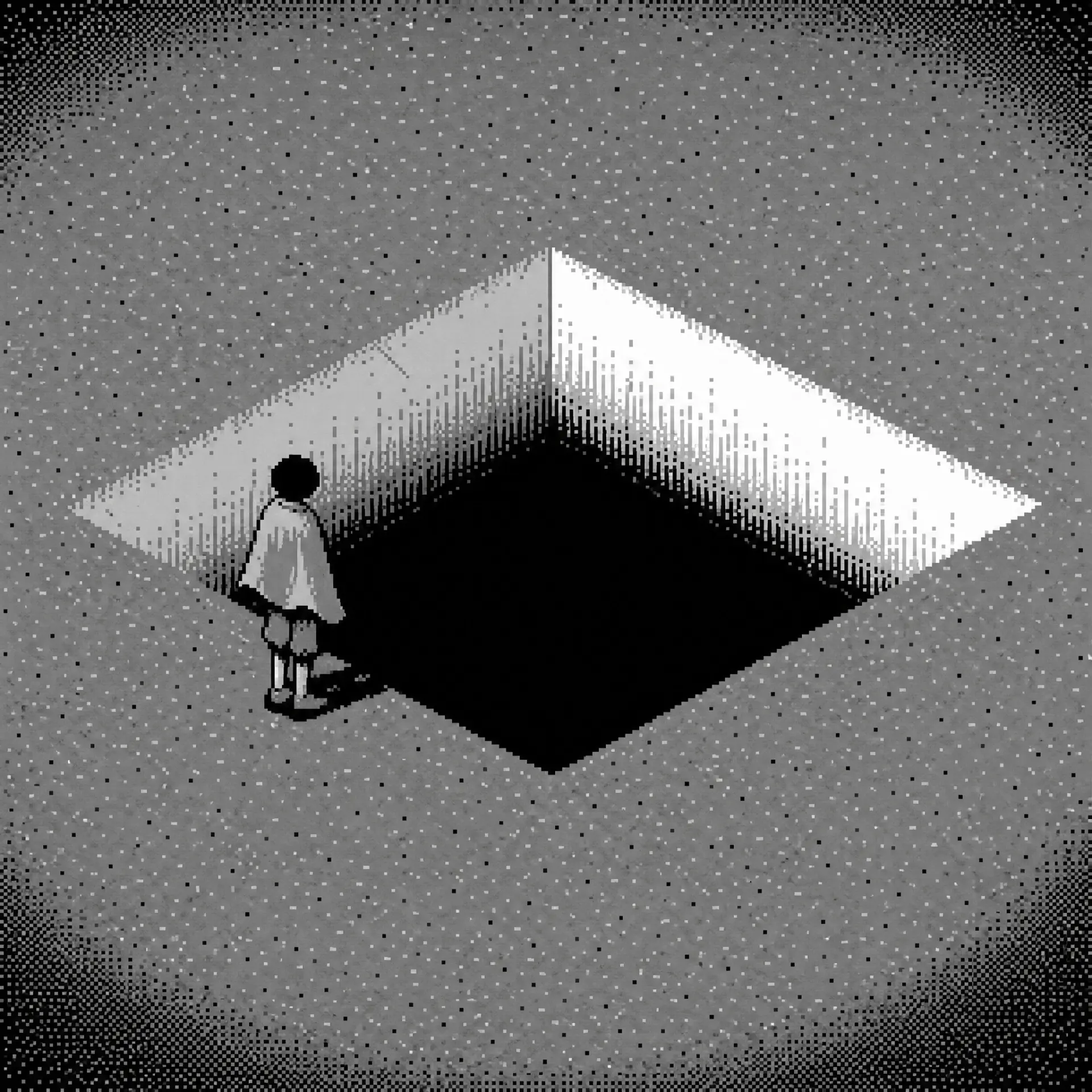 A pixel figure standing at the edge of a black pit in a grey dithered plane