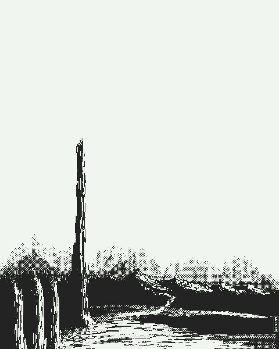 A lone dithered spire above a black treeline under an empty white sky